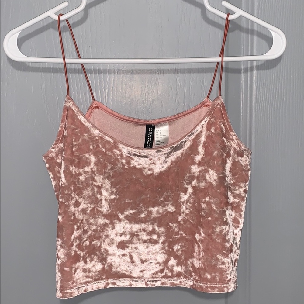 Baby pink crushed velvet strap crop top